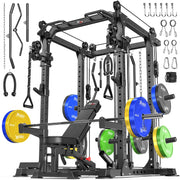 Power Cage Multi-Function Power Rack with Cable Crossover System,1800 LBS Capacity Squat Rack with Weight Bench,for Home Gym