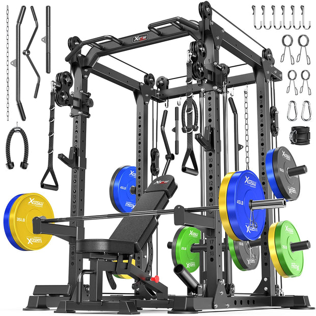 Power Cage Multi-Function Power Rack with Cable Crossover System,1800 LBS Capacity Squat Rack with Weight Bench,for Home Gym