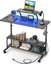 Height Adjustable Standing Desk with Power Outlets and LED Lights - 39" Manual Stand Up Desk with Monitor Stand and Storage Shelves Small Mobile Rolling Computer Desk Portable Laptop Table, Rustic