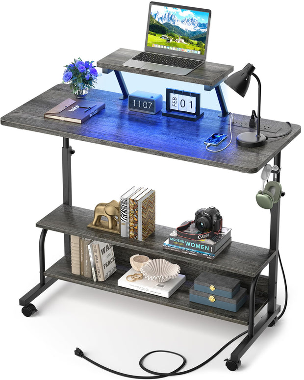 Height Adjustable Standing Desk with Power Outlets and LED Lights - 39" Manual Stand Up Desk with Monitor Stand and Storage Shelves Small Mobile Rolling Computer Desk Portable Laptop Table, Rustic