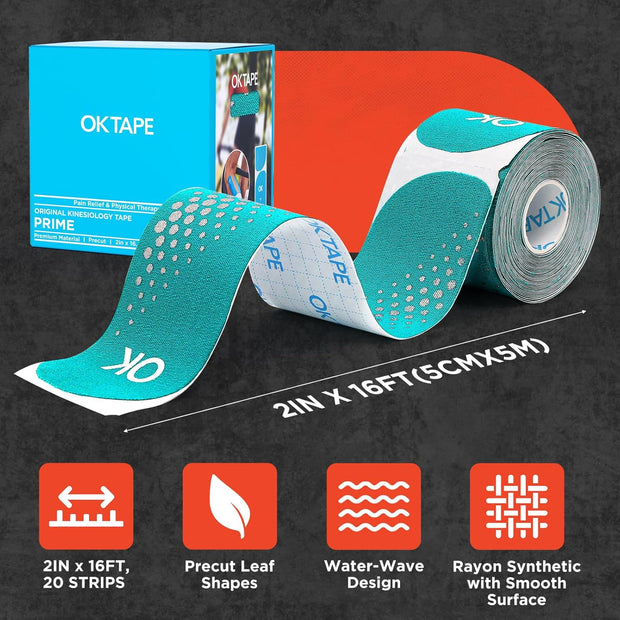 OK TAPE Synthetic Kinesiology Tape Precut Strips, Waterproof Kinesiology Athletic Tape for Joint & Muscle Support, Reflective and Durable Tape, 2in×16.4ft Roll 20PCS | Beige