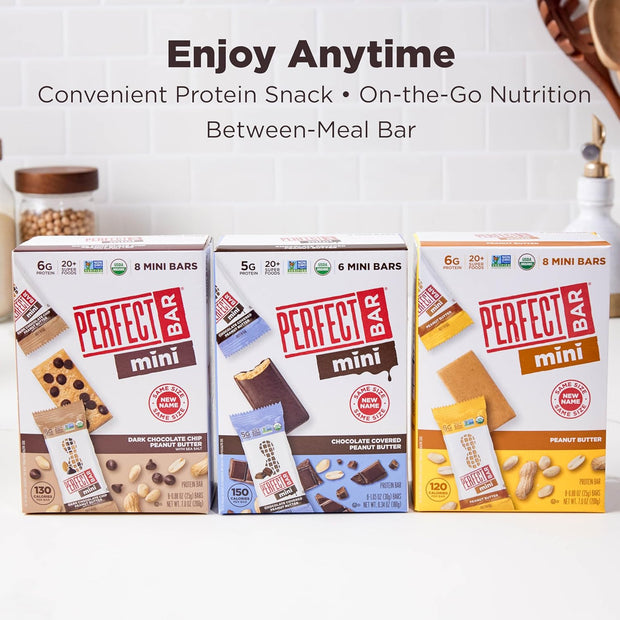 Perfect Bar Mini, Peanut Butter and Dark Chocolate Chip Peanut Butter Variety Pack, Protein Snack, Snack Bar, Organic, Gluten Free, Soy Free, Non GMO, No Sugar Alcohols, 18 count, .88 oz