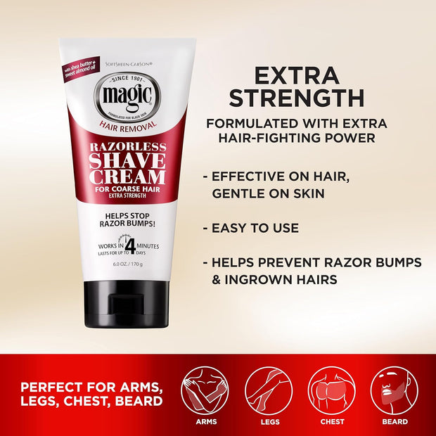 SoftSheen-Carson Magic Razorless Shaving Cream, Hair Removal Cream for Body Hair, Extra Strength Depilatory Cream, Works in 4 Minutes for Coarse Hair, 6 oz