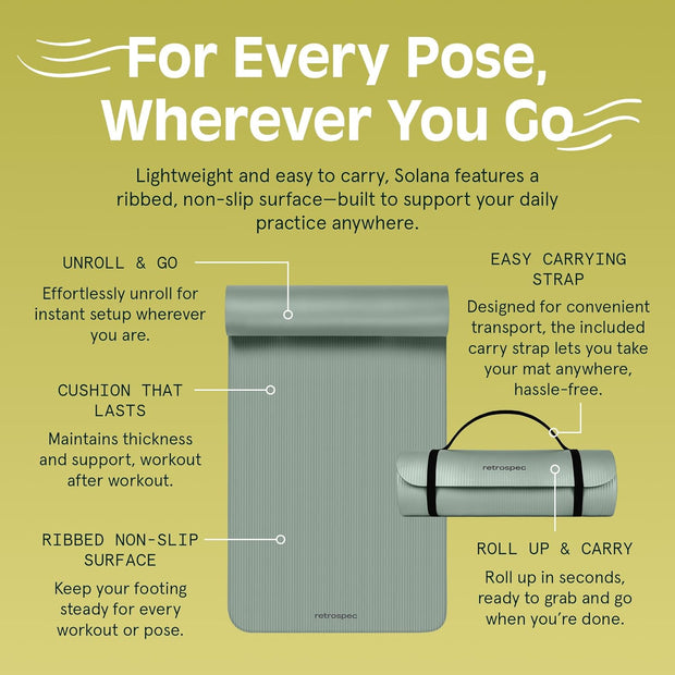 Retrospec Solana Yoga Mat 1/2" Thick w/Nylon Strap for Men & Women - Non Slip Exercise Mat for Yoga, Pilates, Stretching, Floor & Fitness Workouts