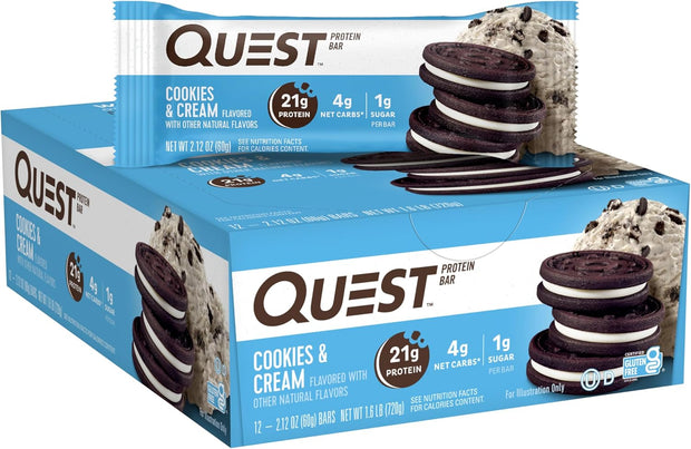 Quest Nutrition Cookies & Cream Protein Bars, 21g Protein, 1g Sugar, 4g Net Carb, High Fiber, Gluten Free, Keto Friendly, 12 Count