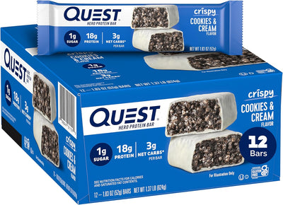 Quest Nutrition Crispy Cookies & Cream Hero Protein Bar, 18g Protein, 1g Sugar, 3g Net Carb, Gluten Free Protein Snack, Keto Friendly, 12 Count