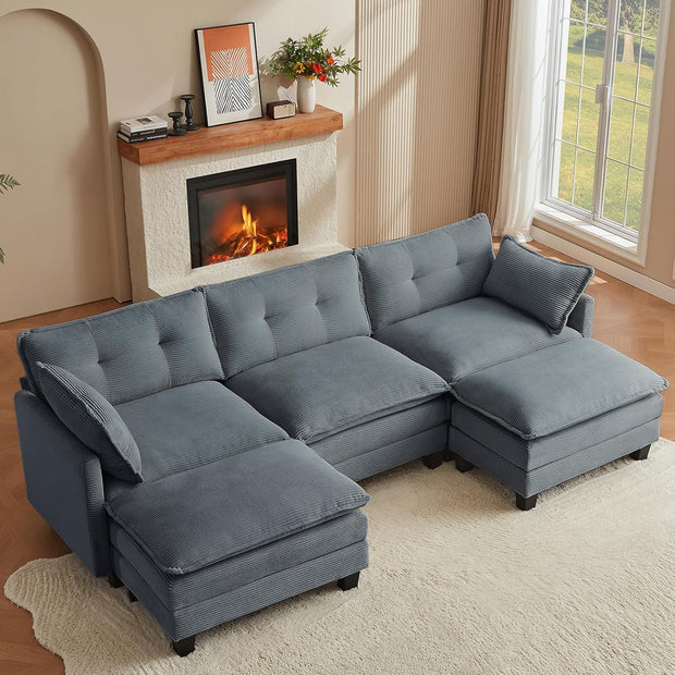 Modular Sectional Sofa, 111.5" U-Shaped Corduroy Comfy Sectional Couches for Living Room, 3-Seater Cloud Couches with 2 Movable Ottomans, Flexible Combination Modern Deep Seat Sofa (Beige)