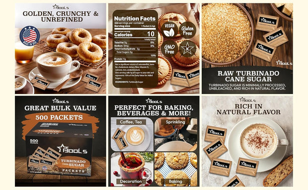 Raw Sugar Packets 500 Count, – Individually Wrapped Turbinado Cane Sugar – Perfect for Coffee, Tea, and On-the-Go Sweetening