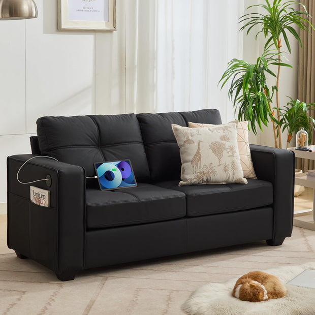 TYBOATLE 88" W Black Faux Leather Sofa Couches for Living Room, Mid-Century Modern Tufted Comfy Small Loveseat w/USB and Wide Arms, 3 Seater Office Cloud Couch for Small Space Apartment Bedroom
