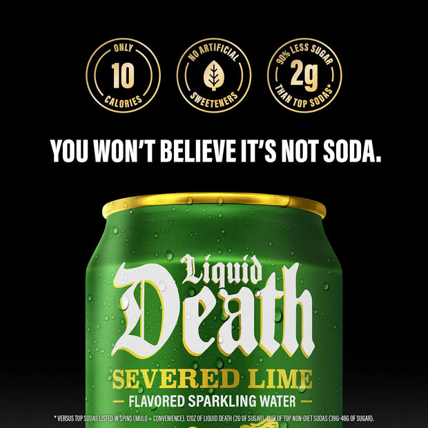 Liquid Death, Severed Lime, Lime-Flavored Sparkling Water, 12-Pack (12oz Cans), Low Calorie & No Artificial Sweeteners