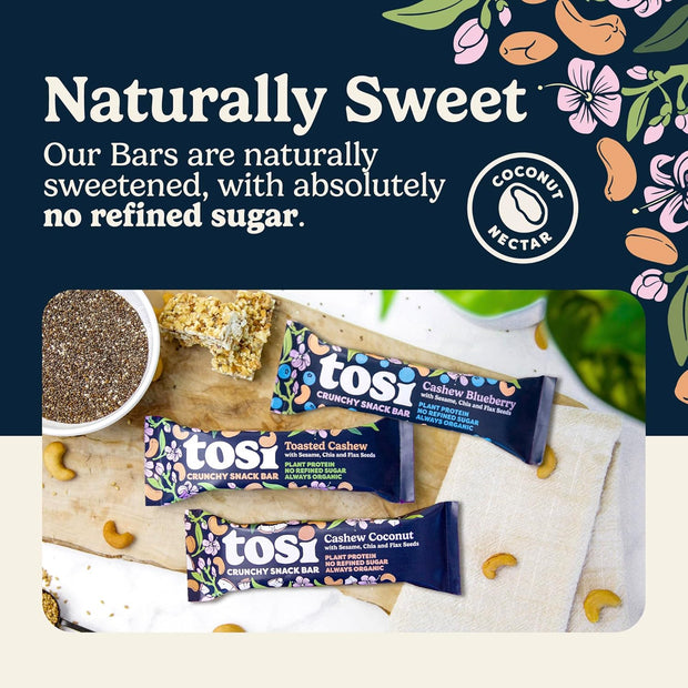 Tosi Cashew Variety Pack Protein Bars, Plant Based with Nuts, Gluten-Free Crunchy Snacks, Vegan, Organic, Flax & Chia Seeds, Soy-Free, Omega 3s, 5G Protein, 1 oz, 12-Pack
