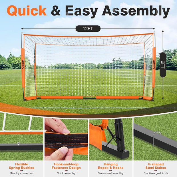 Portable Soccer Goal, Detachable 12x6 FT Soccer Goals Net for Backyard, Quick Setup Training Equipment with 1 Carry Bag, 1 Football, 12 Training Cones