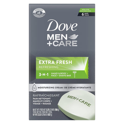DOVE MEN + CARE 3 in 1 Cleanser for Body, Face, and Shaving to Clean and Hydrate Skin Extra Fresh Body and Facial Cleanser More Moisturizing Than Bar Soap 3.75 oz 6 Bars
