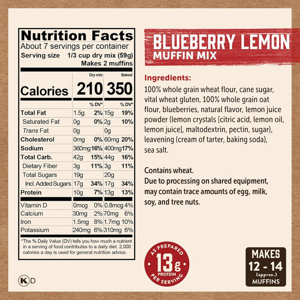 Kodiak Cakes Power Bake, Protein Muffin Mix, Blueberry Lemon, 14 Ounce (Pack of 6)
