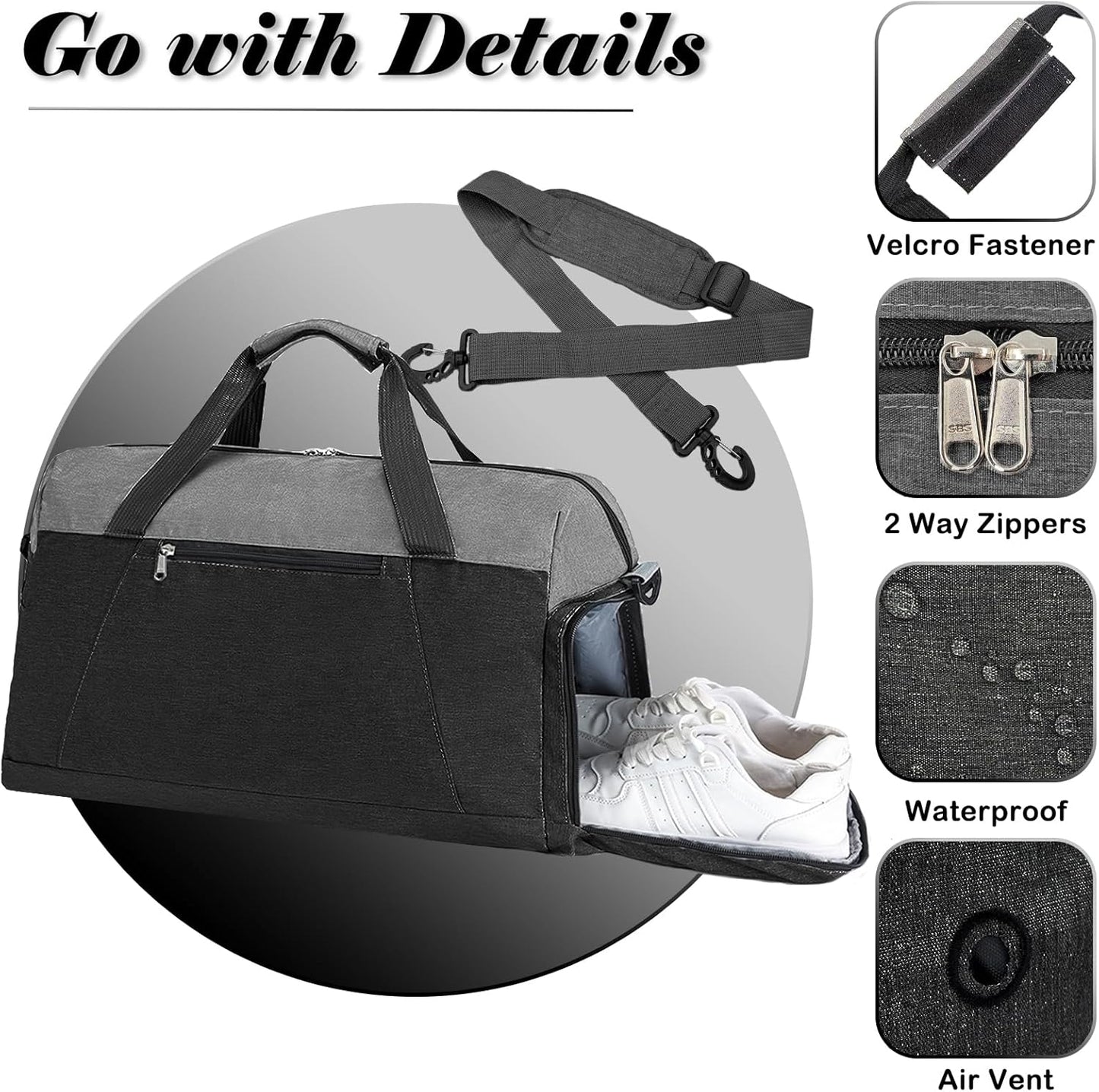 Gym Bags for Women Men with Wet & Shoe Compartment, 40L Foldable Travel Duffle Bag, Lightweight Weekender Overnight Duffel Bag for Traveling Sports Gym(Black)