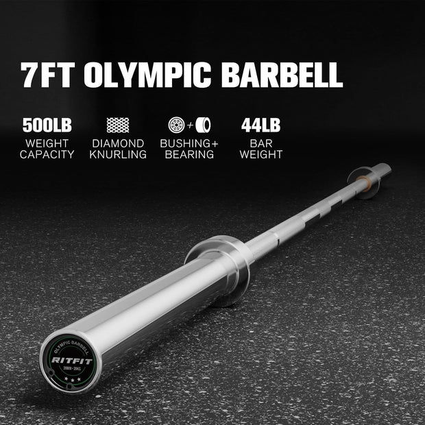 RITFIT 7FT Olympic Barbell for Strength and Weightlifting Training - 2 Inch Olympic Bar for Squat, Deadlift, Bench Press, Curl, Overhead Press - 500lbs/1000lbs/1500lbs Capacity