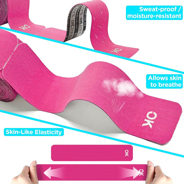 OK TAPE 4 Rolls Kinesiology Tape Precut, Cotton Elastic Athletic Tape Latex Free,20 Strips per Roll 2in x 16ft,Muscle Support,Mixcolor