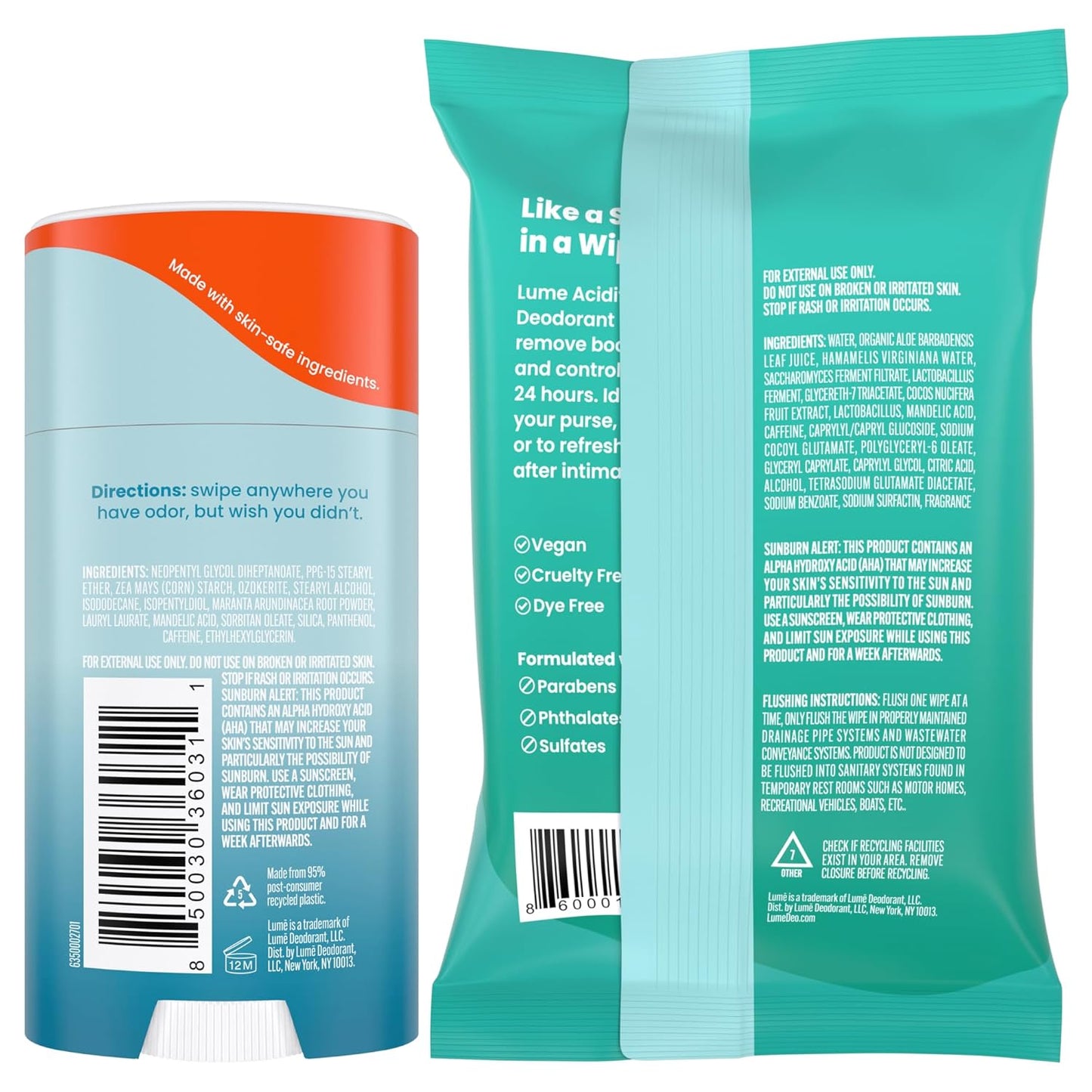 Lume Whole Body Deodorant - Smooth Solid Stick & Flushable Deodorant Wipes - Doctor Developed - Aluminum Free, Baking Soda Free, Skin Loving - 2.6 Ounce (Unscented) 15 Count Wipes (Cool Cucumber)