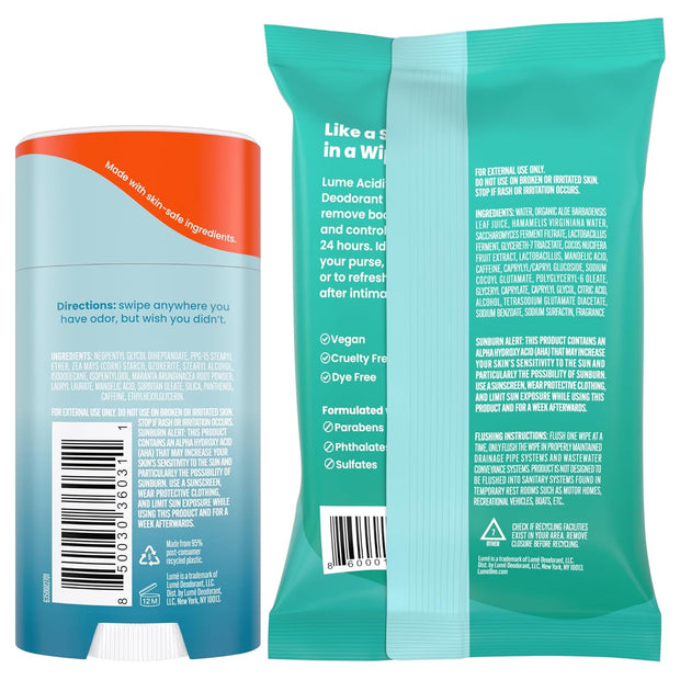 Lume Whole Body Deodorant - Smooth Solid Stick & Flushable Deodorant Wipes - Doctor Developed - Aluminum Free, Baking Soda Free, Skin Loving - 2.6 Ounce (Unscented) 15 Count Wipes (Cool Cucumber)