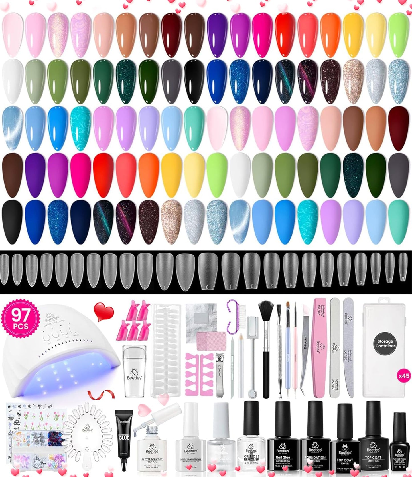 Beetles Gel Nail Polish Set,119 PCS 100 Colors Gel Polish Kit Base Glossy Matte Glitter Top Coat Neon Glitter Pearl Cat Eye White Red Pink Nude Nails Gift for Women Beetles Infinite Styles 100 Colors