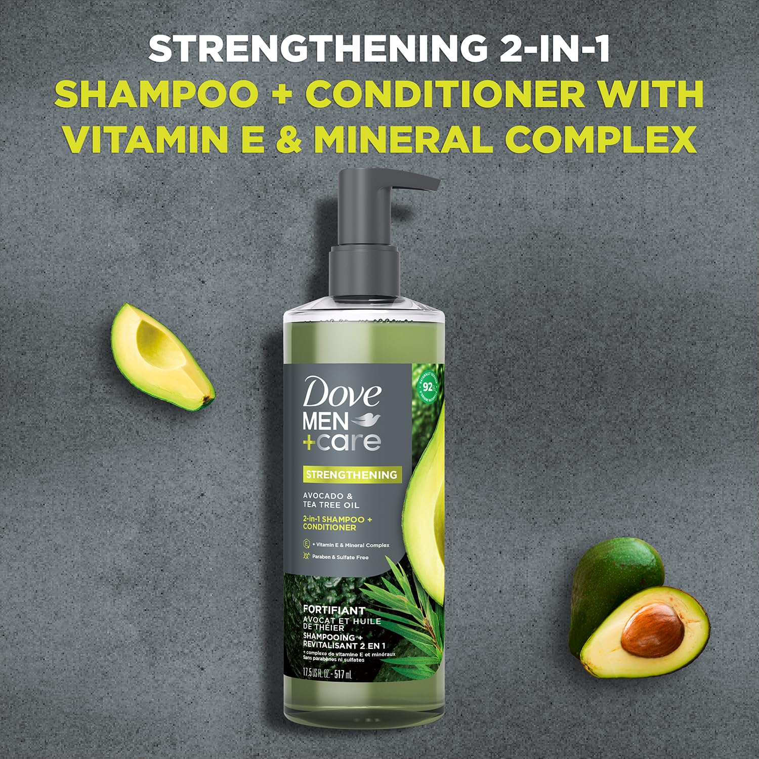 Dove Men+ Care 2-in-1 Shampoo & Conditioner, Avocado & Tea Tree, Strengthening – Men’s Shampoo & Conditioner, Sulfate-Free, with Vitamin E, Zinc & Copper for Strong, Healthy Hair, 17.5 Oz (Pack of 4)
