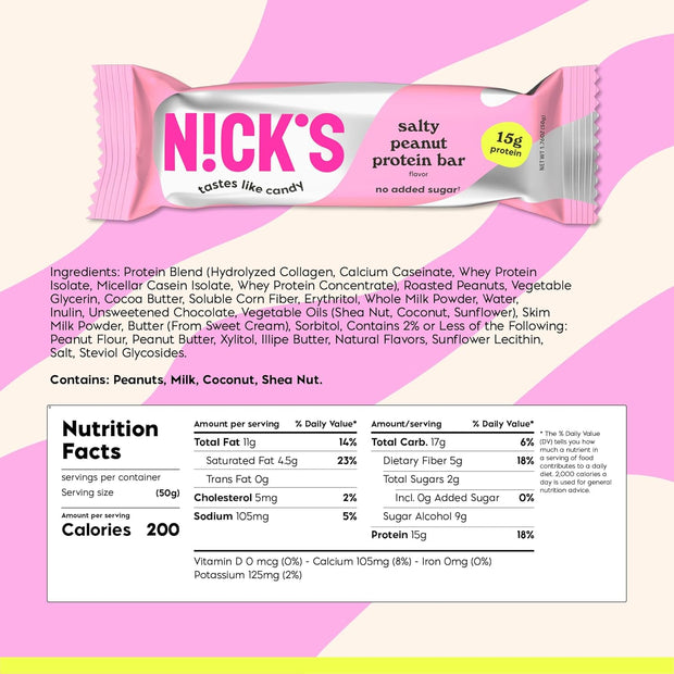 NICKS Protein Bars Chocolate Peanut | 15g protein | 200 calories | Low Carb Keto Friendly Snacks No Added Sugar (Multipack 12 bars x 50g)