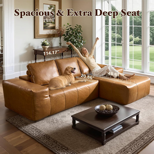 114" Boneless Couches for Living Room, Brown Faux Leather Cloud Sectional Couches with Chaise, Deep Seat L Shaped Modular Sofa, No Assembly Required Sofas in a Box (Right,Faux Leather,Brown)