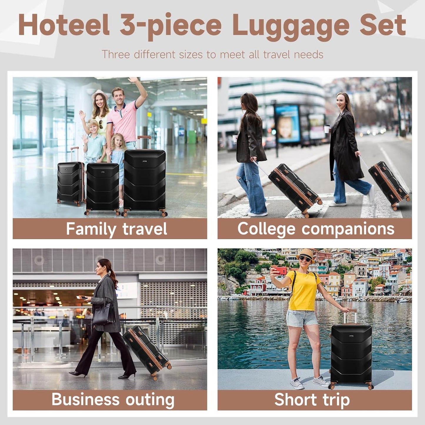 Hoteel 3-Piece Luggage Set with Spinner Wheels, Durable Carry On Suitcase Luggage with TSA Lock, Portable Lightweight ABS Luggages for Travel, Black