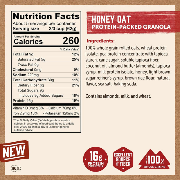 Kodiak Cakes Granola, Honey Oat, High Protein, 100% Whole Grains (Pack of 5 pouches)