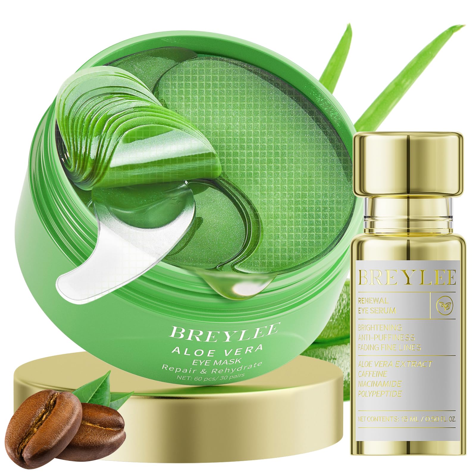 BREYLEE Aloe Vera Eye Masks– 60 Pcs - Puffy Eyes and Dark Circles Treatments – Look Younger and Reduce Wrinkles and Fine Lines Undereye, Improve and Firm eye Skin - Pure Natural Material Extraction
