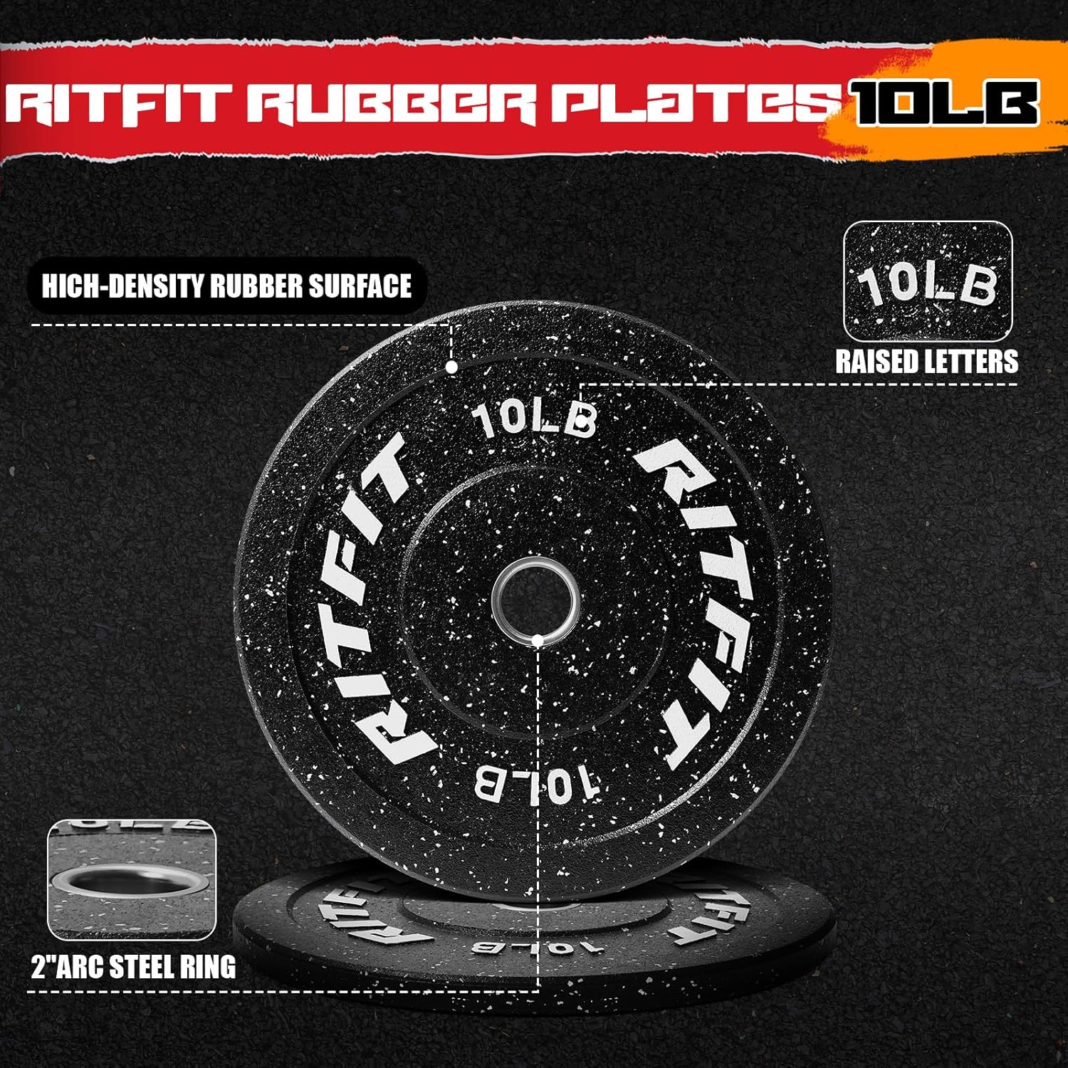 RitFit Bumper Plates, Colored Fleck-Rubber Weight Plates with Steel Insert, 2-inch Olympic Weight Plates for Weight Lifting and Strength Training, 370LB set
