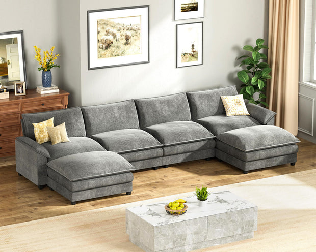 Homall 119" Modular Sectional Sofa, L Shaped Sofa Couch with Reversible Ottoman, DIY Combination Chenille Deep 3-Seat Cloud Couch for Living Room, Apartment (Light Grey, L Shaped Sofa)