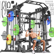 Smith Machine with Cable Crossover System, Multi-Function Squat Rack Power Cage for Home Gym, Power Rack and Packages Weight Sets