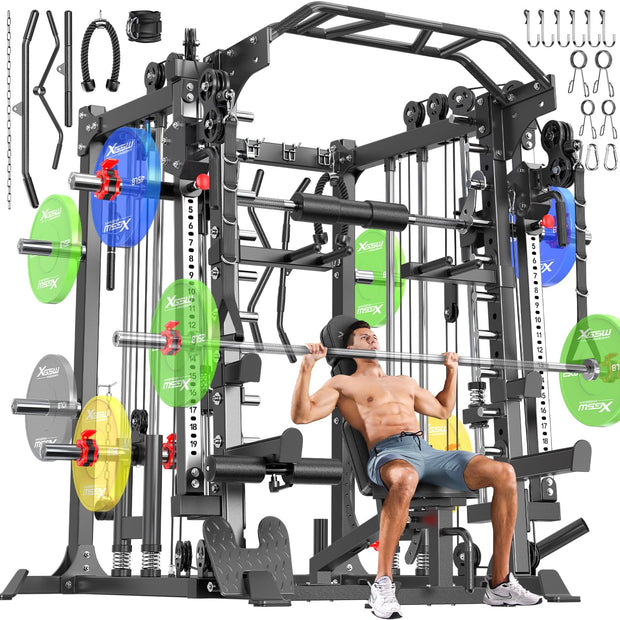 Smith Machine with Cable Crossover System, Multi-Function Squat Rack Power Cage for Home Gym, Power Rack and Packages Weight Sets