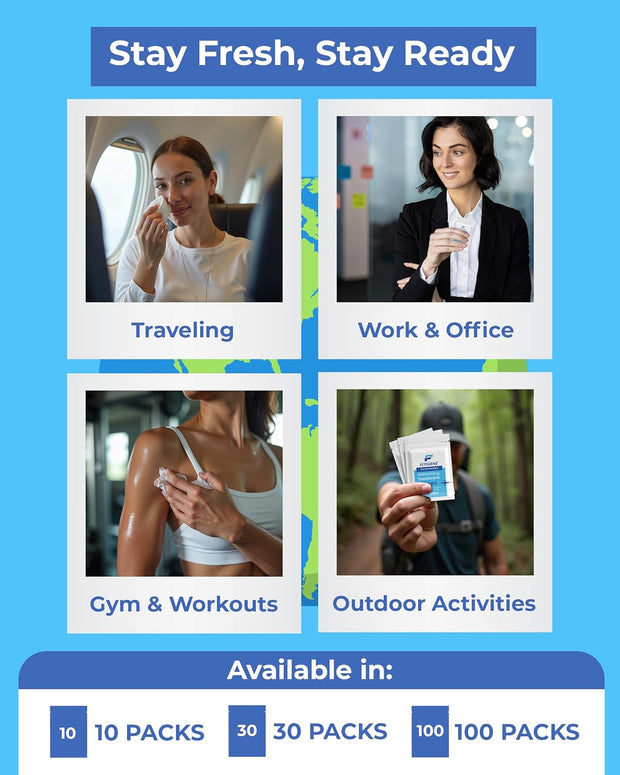 Underarm Wipes for Men & Women – Compact, TSA-Approved, & Convenient Travel Wipes for On-the-Go Freshness - Deodorant Wipes Individually Wrapped – 10 Packs