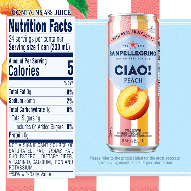 Sanpellegrino CIAO Peach Sparkling Water, Low-Calorie Italian Sparkling Water with Real Fruit Juices, 0g Added Sugar, 24-Pack