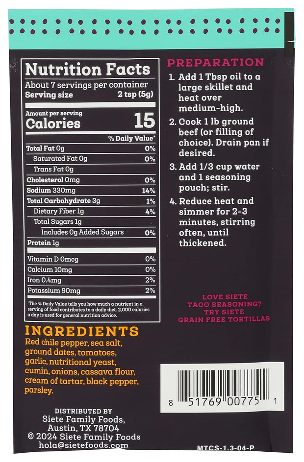 Siete Mild Taco Seasoning Mix | Gluten Free | Vegan | Paleo | Preservative Free | Whole 30 Approved (1 Packet)