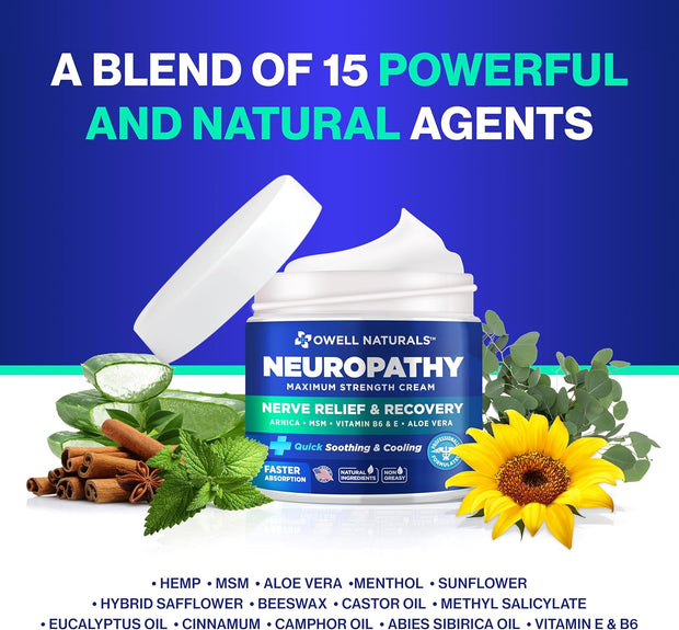 OWELL NATURALS Neuropathy Cream Extra Strength Nerve Relief Cream for Foot, Hands, Legs, Toes with Arnica, Vitamin B6, Aloe Vera, MSM - Made in USA