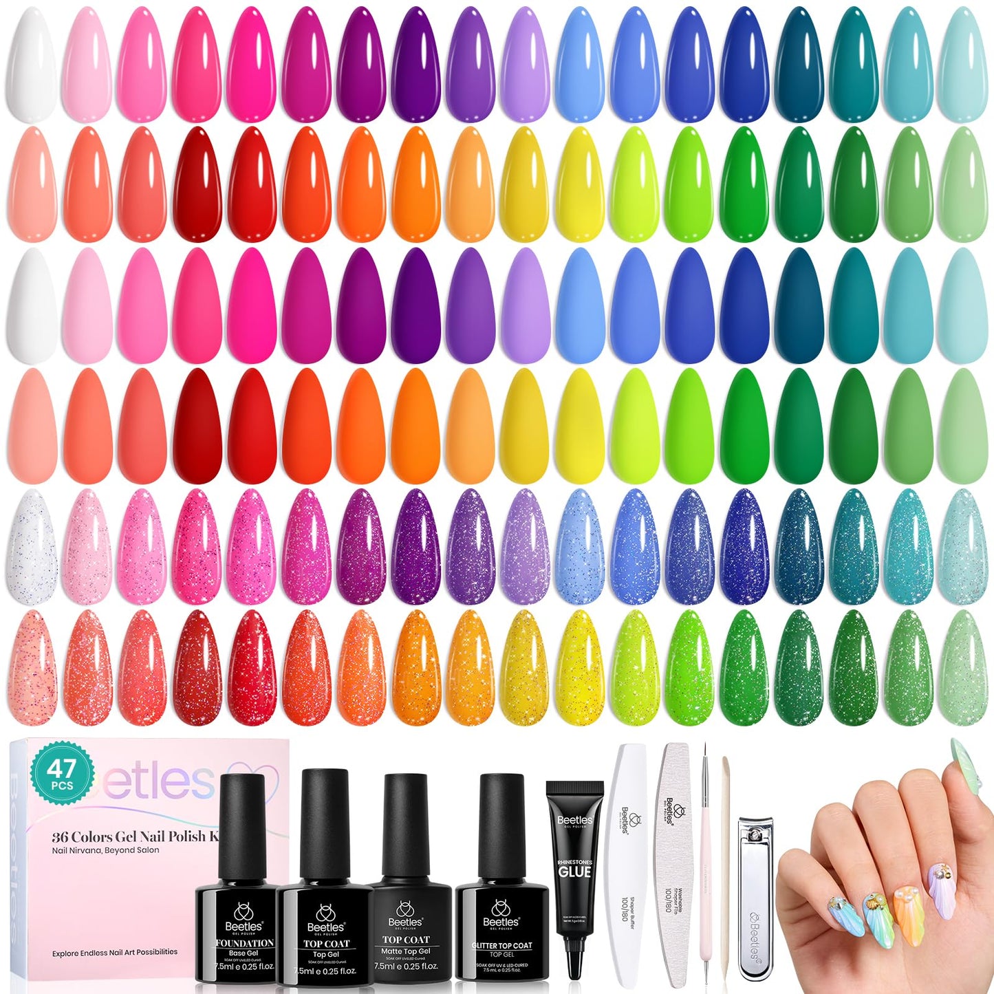 Beetles 110 PCS Gel Nail Polish Set, 100 Colors Infinite Inspiration All Season Red Brown Green Black Gel Polish with 5Pcs Base Top Coat Soak off UV Gel for Manicure Lovers DIY at Home Gifts for Women