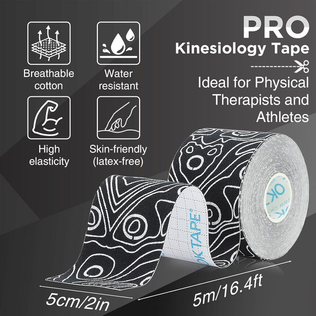 OK TAPE PRO Kinesiology Tape Uncut Roll, Elastic Physical Therapy Athletic Tape for Pain Relief, Muscle Support, Kinetic Tape, Water Resistant, 2in X 16.4ft -Black Gray 2 Rolls