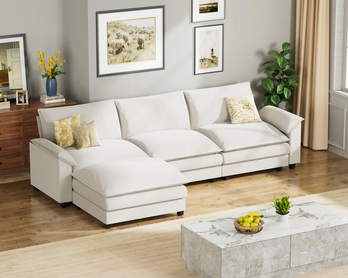 Homall 119" Modular Sectional Sofa, L Shaped Sofa Couch with Reversible Ottoman, DIY Combination Chenille Deep 3-Seat Cloud Couch for Living Room, Apartment (Light Grey, L Shaped Sofa)