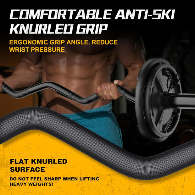 Olympic EZ Curl Barbell Bar, 47" Curl Bar for Weight Lifting, Home Gym Weight Bar- Strength Training,Squat,Hip Thrusts,Biceps, Chrome Curling for 2 Inch Plates -2 Spring Collars (Silver)