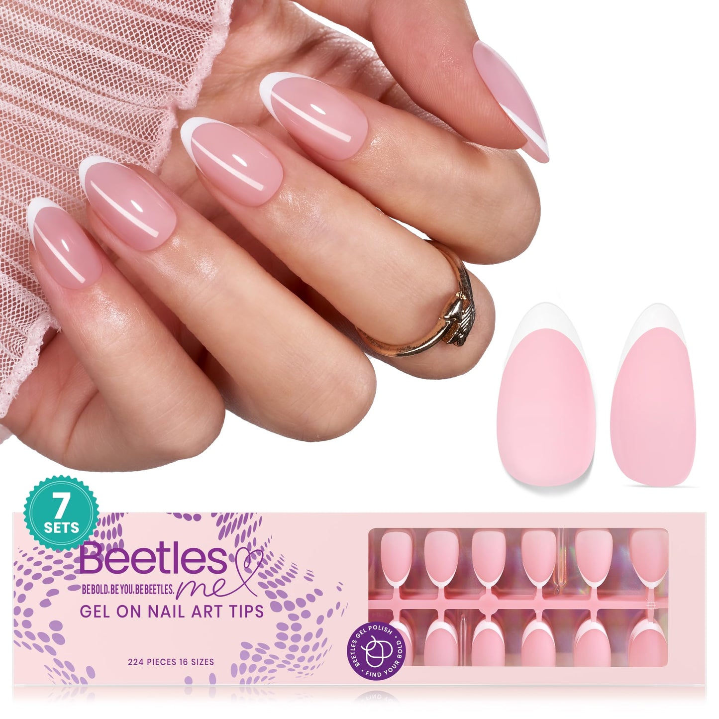 Beetles X Press Gel Nail Kit: Long Square French Tip Press On Nails Kit With 224Pcs Nail Tips Nail Glue & Builder Top Coat Mini UV Light, All-in-One DIY Designs Gift For Women At Home 16 Size
