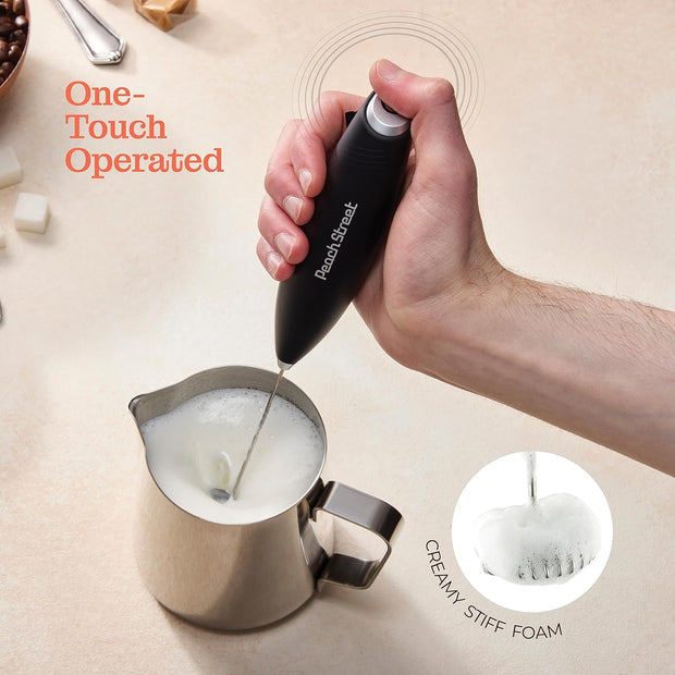 Powerful Handheld Milk Frother, Mini Milk Frother Wand, Battery Operated Stainless Steel Drink Mixer - Frother Stand for Milk Coffee, Lattes, Cappuccino, Frappe, Matcha, Hot Chocolate. Gift