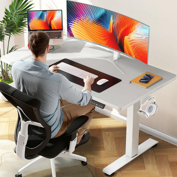 Veken 47.2" Standing Desk Electric, Height Adjustable Sit Stand Up, Wood Desktop, Work Home Office, Computer PC Table, Writing Rising Desks, Brown