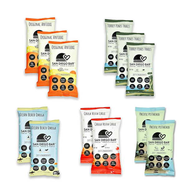 San Diego Bar - Raw, Vegan Protein Bar | Variety Pack 12 Bars, All Natural, Gluten & Soy Free - Nutrition Meal Bar with No Added Sugars | 5 Flavors, 10g Protein from Only 6 Natural Whole Food Ingredients