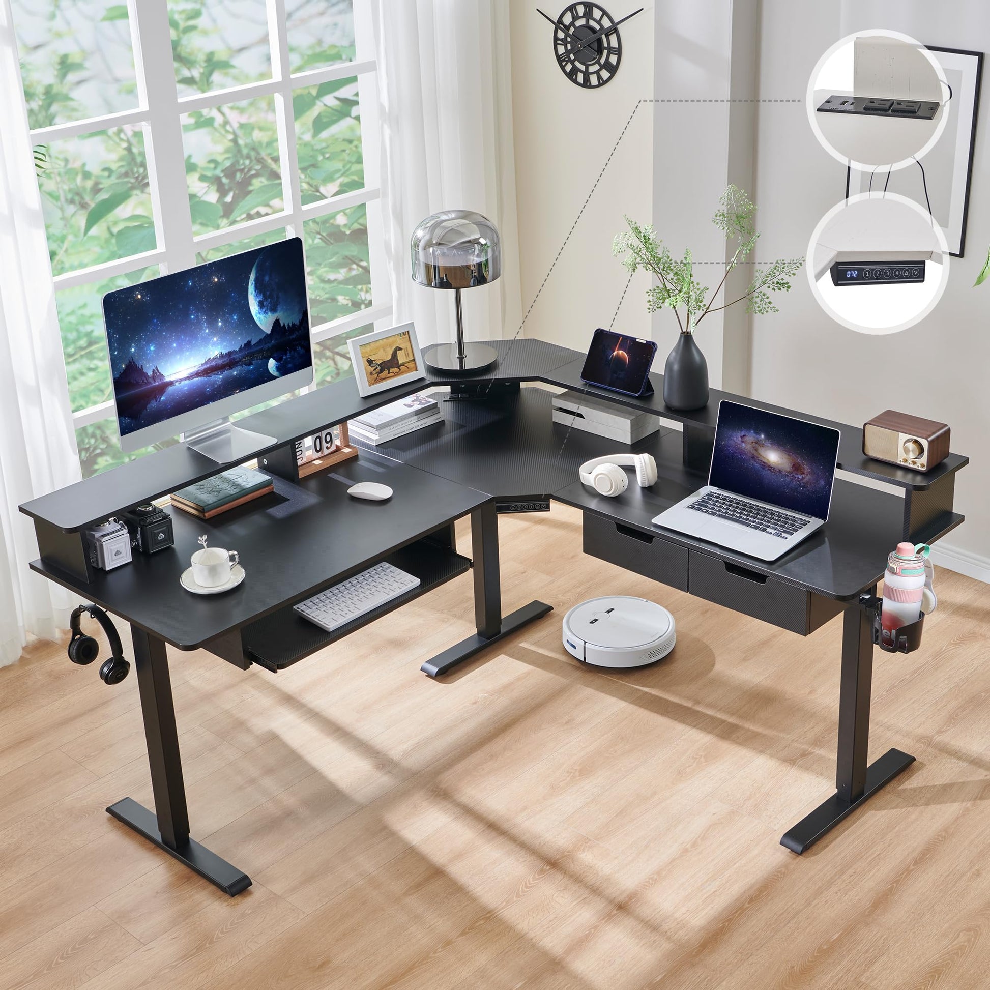 RedLemon 60 Inches L Shaped Electric Standing Desk, Height Adjustable Corner Gaming Desk with Drawers, Keyboard Tray, Power Outlets & LED Lights, Computer Desk with Monitor Shelf, Antique White