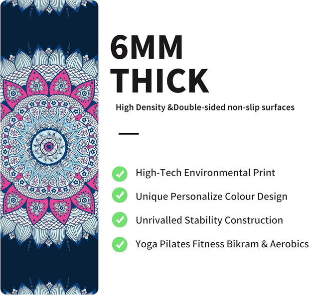 nuveti Yoga Mat Print Extra Thick TPE Non Slip Fitness Exercise Mat with Carrying Bag,72"x24" Extra Thick 6MM Exercise & Workout Mat for Yoga, Pilates Fitness and Floor Exercises