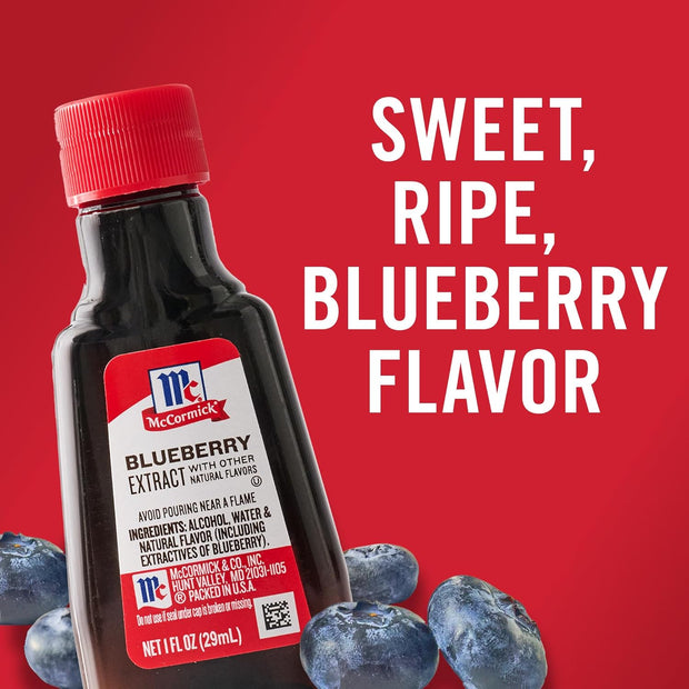 McCormick Blueberry Extract with Other Natural Flavors, Distinctive, Sweet Blueberry Flavor and Aroma for Baking Cookies, Cake, and Muffins, and Beverages Like Lemonade, Mocktails, and Smoothies, 1 fl oz