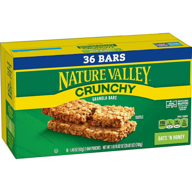 Nature Valley Crunchy Granola Bars, Oats 'n Honey, 36 Bars, 26.82 OZ (18 Pouches)